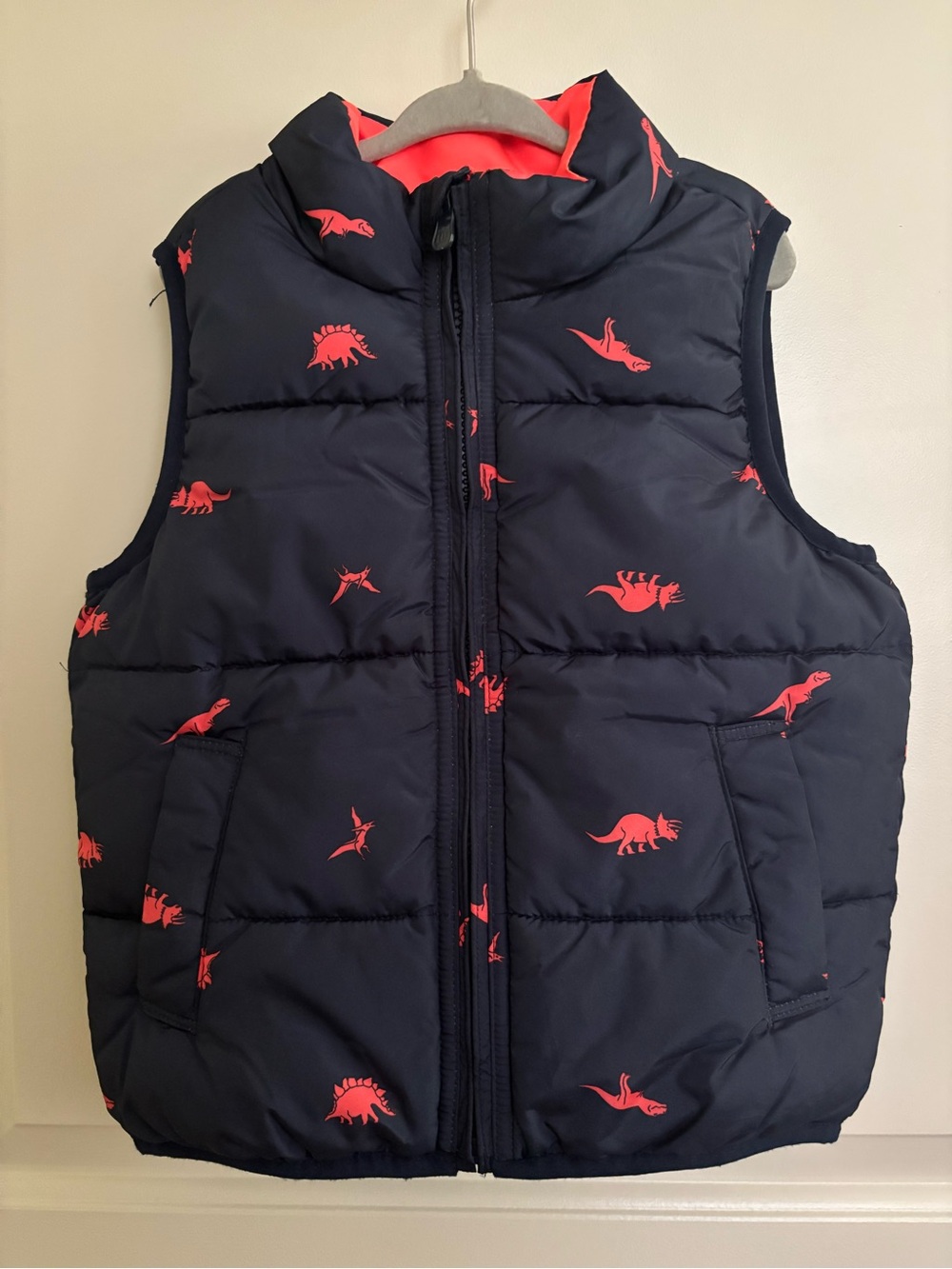 GAP Navy Puffer Vest with Coral Dinosaur Prints